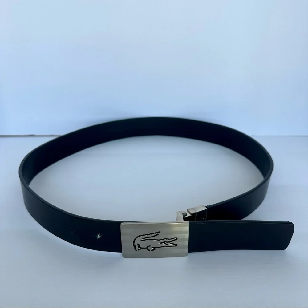 Lacoste Mens Reversible Black And Brown Leather Belt Size 34 Silver Buckle Croc